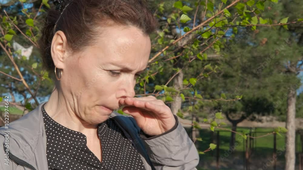Female scratching nose in summer nature. A view of frustrated female with allergy stand in the spring garden during day time. Female scratching nose in summer nature. A view of frustrated female with allergy stand in the spring garden during day time.