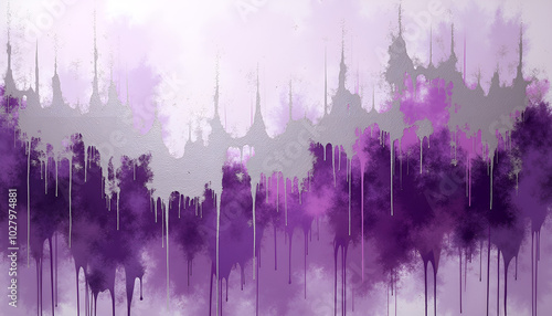 Abstract artwork with dripping paint effects in purple and silver tones