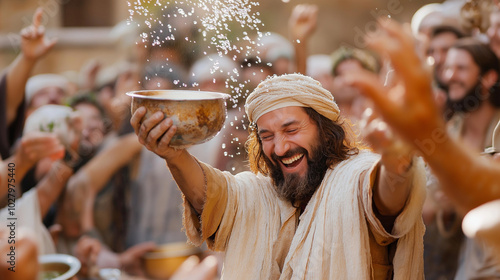 Yeshua performs his first miracle at the wedding in Cana, turning water into wine as the guests rejoice – A joyful moment filled with happiness, showing the miracle of transformati photo