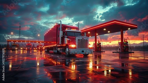 A truck driver filling up the gas tank at a truck stop, with multiple fuel pumps and other trucks in the background
