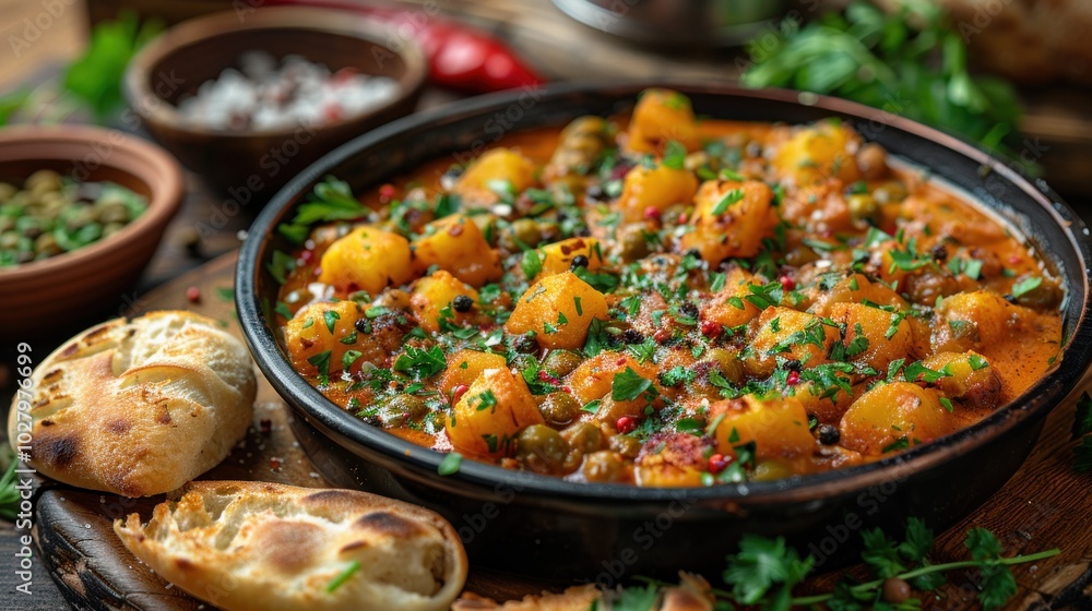A tray of Ajapsandali served with fresh herbs and bread. A tray of Ajapsandali served with fresh herbs and bread.