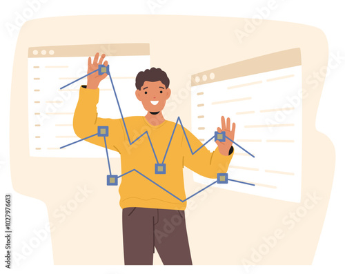 Smiling Man Interacts With A Digital Interface, Adjusting Nodes On A Graphical Representation Of A Network Or Data Flow