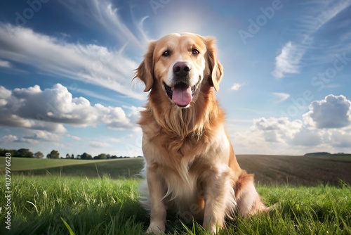 Golden retriever sitting on a grassy field under a bright blue sky with clouds, smiling happily and enjoying the outdoors on a sunny day photo