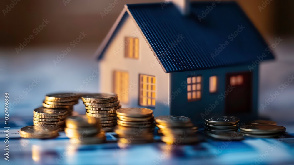 A small model house sits on a table with stacks of coins in front of it. The coins represent the cost of owning a home. A small model house sits on a table with stacks of coins in front of it. The coins represent the cost of owning a home.