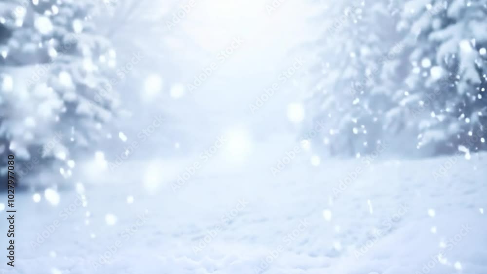 Snow is gently falling on a beautiful winter day. The sun shines brightly through the trees, creating a magical atmosphere Snow is gently falling on a beautiful winter day. The sun shines brightly through the trees, creating a magical atmosphere