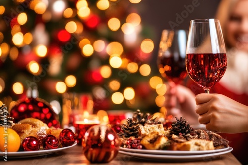 Festive holiday gathering with wine and christmas decorations