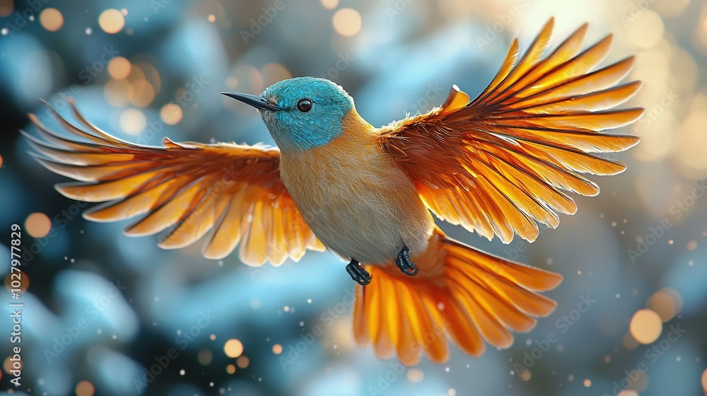A vibrant bird soaring through the sky with its wings fully extended A vibrant bird soaring through the sky with its wings fully extended