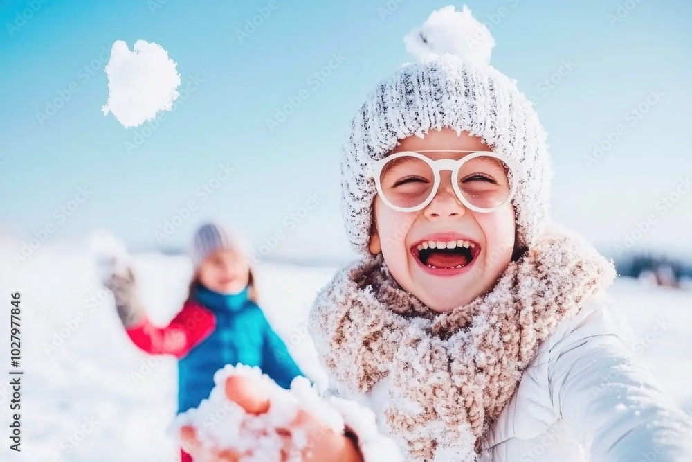 Joyful children playing in snow on a sunny winter day Joyful children playing in snow on a sunny winter day