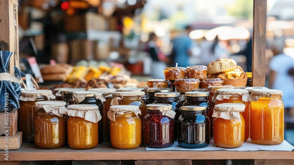 Assorted Jars of Homemade Jams and Honey Displayed at a Vibrant Outdoor Market Stall Assorted Jars of Homemade Jams and Honey Displayed at a Vibrant Outdoor Market Stall