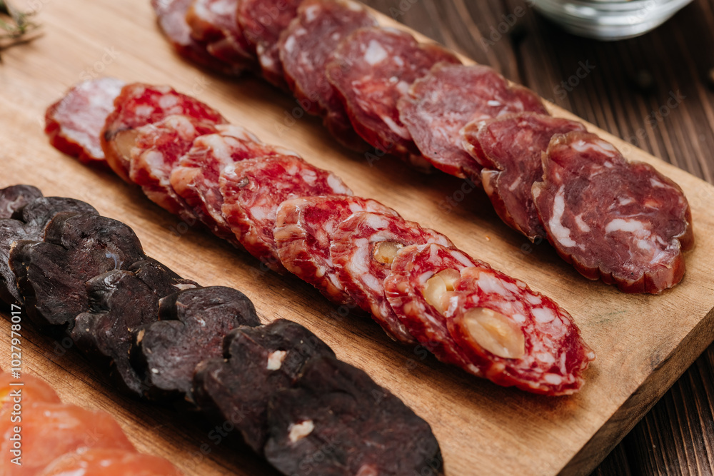 Close-up of sliced salami with nuts, gourmet meat textures and flavors, charcuterie boards
