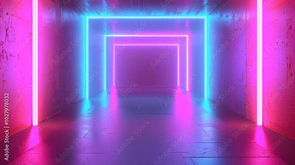 Futuristic corridor with glowing blue and pink neon lights illuminating a grunge interior Futuristic corridor with glowing blue and pink neon lights illuminating a grunge interior
