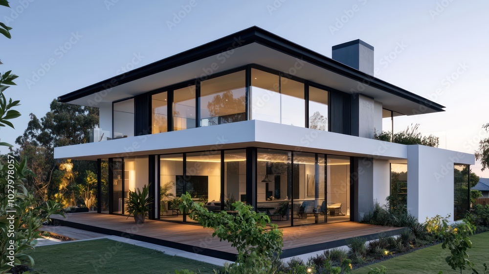 Minimalist modern house with a black roof and white walls, large glass windows, wooden terrace, and green plants, captured at dusk Minimalist modern house with a black roof and white walls, large glass windows, wooden terrace, and green plants, captured at dusk