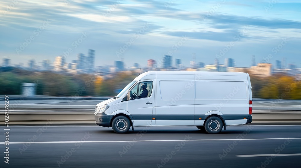 White Delivery Van Driving on Highway with City Skyline in Background on a Clear Day White Delivery Van Driving on Highway with City Skyline in Background on a Clear Day