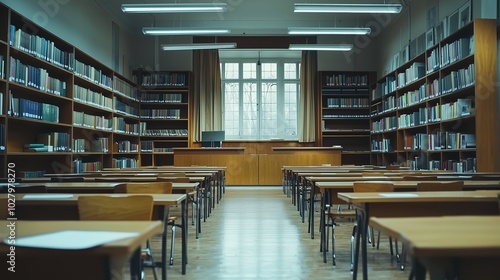 empty school classroom with desk and board and shelves of books Generative AI