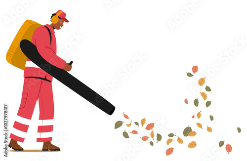 Male Worker Using Powerful Leaf Blower To Gather Autumn Leaves In An Urban Park. cartoon Character Dressed In Uniform