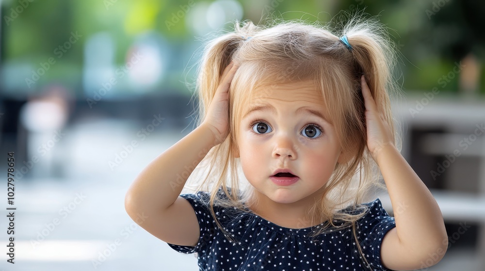 A little girl with pigtails looks surprised with wide eyes while holding her head with both hands. She’s wearing a dark dress, and the background is blurred out. A little girl with pigtails looks surprised with wide eyes while holding her head with both hands. She’s wearing a dark dress, and the background is blurred out.