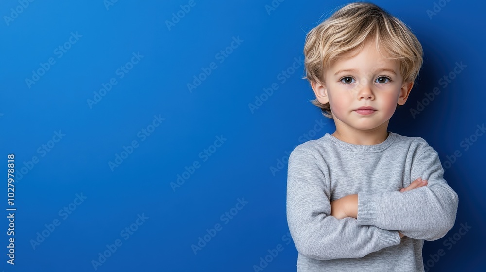 A small child in a gray sweater confidently stands with their arms crossed, set against a blue background, that creates a sense of calm and focus on the child. A small child in a gray sweater confidently stands with their arms crossed, set against a blue background, that creates a sense of calm and focus on the child.