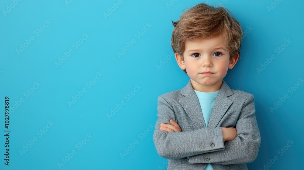 A young boy, dressed in an elegant gray blazer, stands with arms crossed, displaying youthful sophistication against a blue backdrop filled with charm. A young boy, dressed in an elegant gray blazer, stands with arms crossed, displaying youthful sophistication against a blue backdrop filled with charm.
