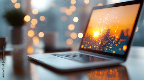 A bokeh-filled sunset viewed on a sleek laptop screen exudes a sense of warmth and innovation, merging artistic visuals with modern technology in a captivating manner.