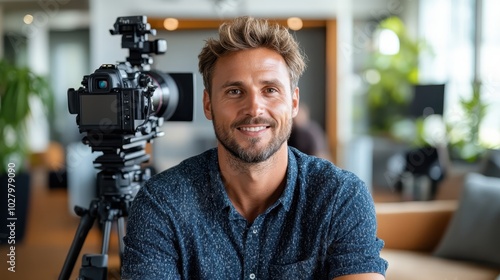 A smiling man stands by an advanced camera setup in an inviting indoor atmosphere, suggesting professionalism and a welcoming demeanor.