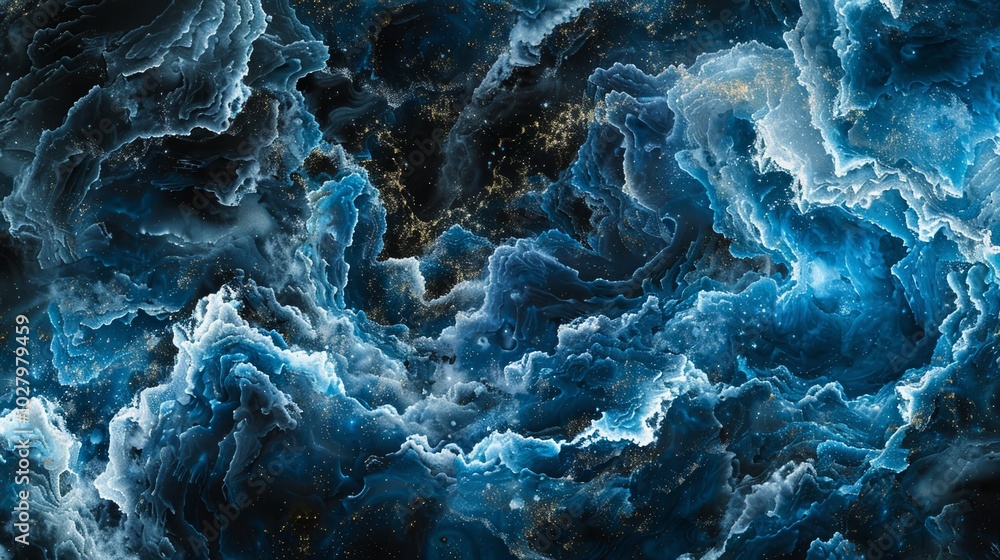 Abstract blue and gold background resembling swirling clouds and space matter