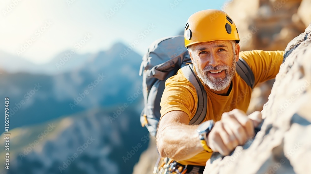 A climber clad in yellow is intensely focused as he scales up a rocky cliff and overcomes challenges with tenacity, symbolizing perseverance and strength. A climber clad in yellow is intensely focused as he scales up a rocky cliff and overcomes challenges with tenacity, symbolizing perseverance and strength.