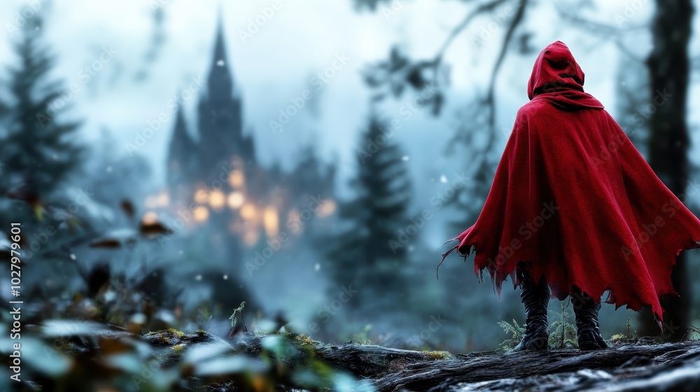 A figure in a red cloak stands poised at the edge of a forest, staring at a distant illuminated castle, evoking themes of fantasy and discovery. Perfect for dreamers. A figure in a red cloak stands poised at the edge of a forest, staring at a distant illuminated castle, evoking themes of fantasy and discovery. Perfect for dreamers.