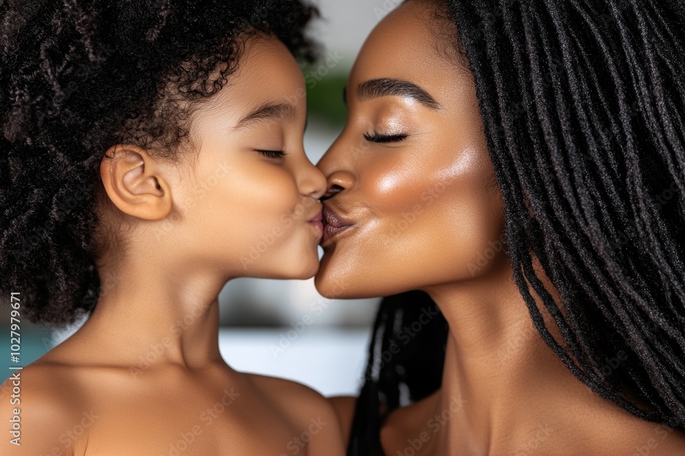 Mother and child sharing a tender moment with a loving kiss Mother and child sharing a tender moment with a loving kiss
