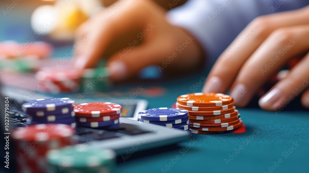 A close-up of stacked poker chips being handled on a green table, representing the dynamics of gambling and strategic play in a typical casino setting. A close-up of stacked poker chips being handled on a green table, representing the dynamics of gambling and strategic play in a typical casino setting.