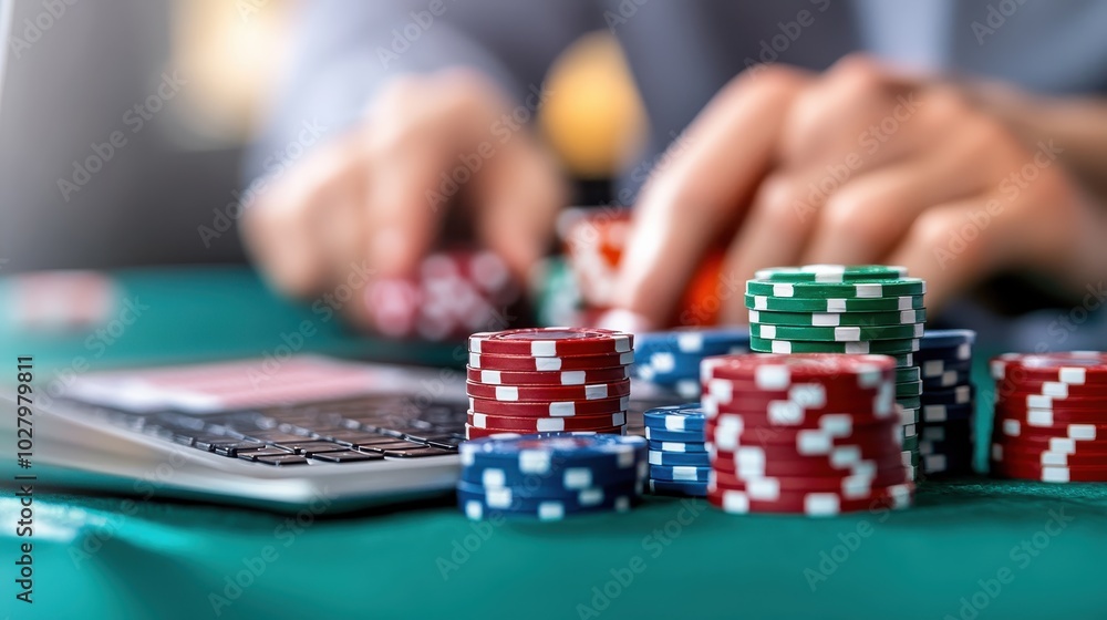 A person engages in online gaming, focusing on poker chips and a laptop keyboard, highlighting the blend of traditional gambling and digital technology. A person engages in online gaming, focusing on poker chips and a laptop keyboard, highlighting the blend of traditional gambling and digital technology.