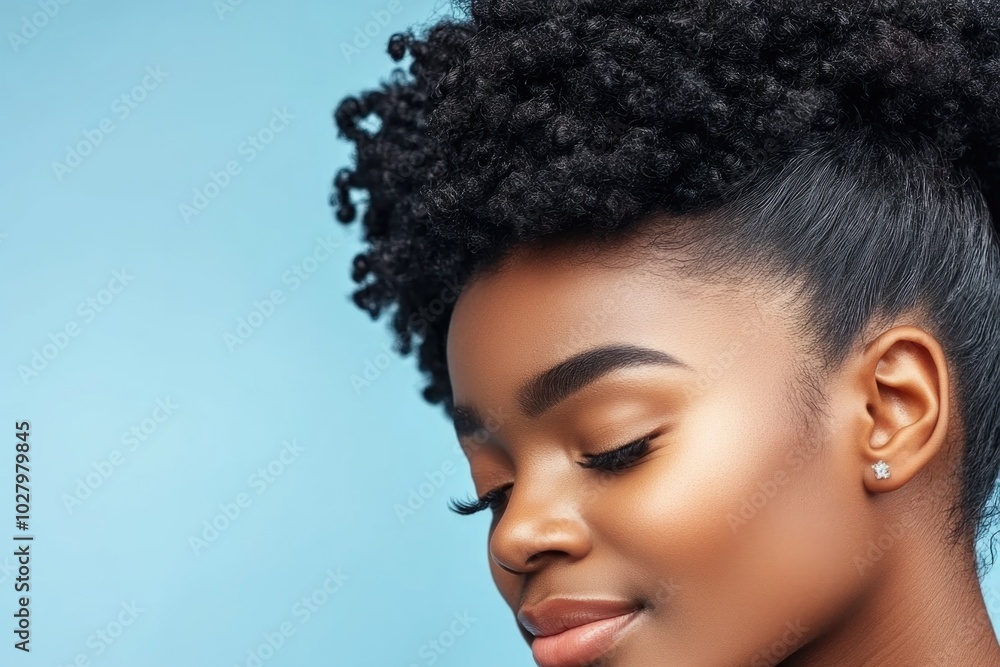 Elegant woman with natural hair and glowing skin against blue background Elegant woman with natural hair and glowing skin against blue background