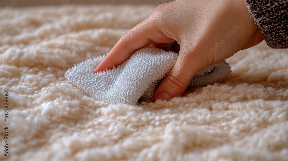 Close-Up of Hand Cleaning Soft White Carpet with Cloth for Home Maintenance and Hygiene Close-Up of Hand Cleaning Soft White Carpet with Cloth for Home Maintenance and Hygiene
