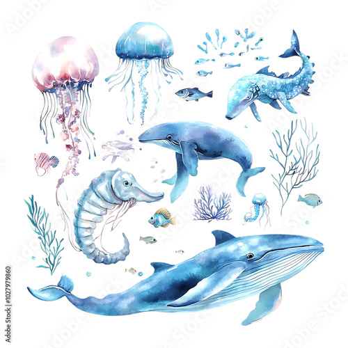 Wallpaper Mural Watercolor sea life illustrations with ocean fish, jellyfish, and whales Torontodigital.ca