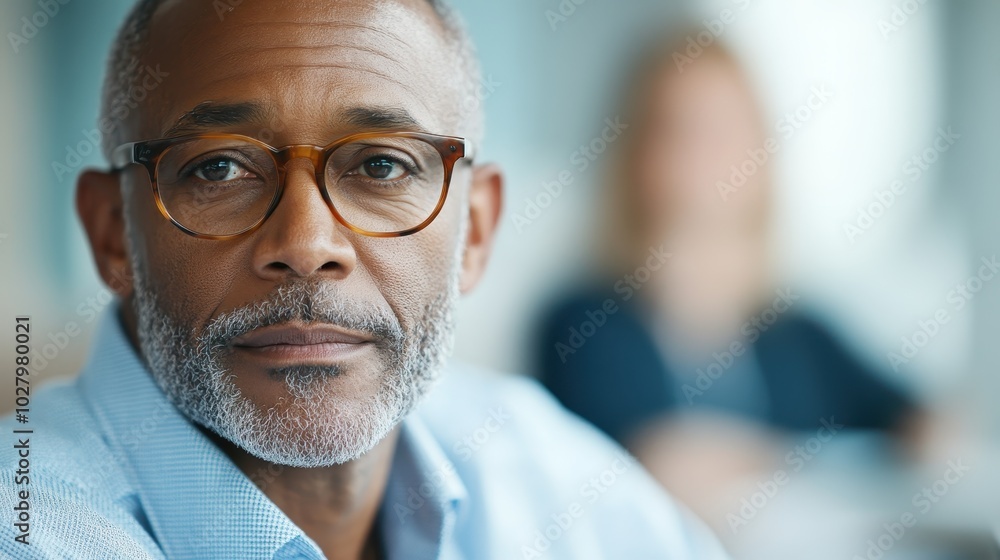 A senior male professional wearing glasses is captured in an intense, contemplative gaze, suggesting wisdom and purpose in a work environment with blurred background interaction. A senior male professional wearing glasses is captured in an intense, contemplative gaze, suggesting wisdom and purpose in a work environment with blurred background interaction.