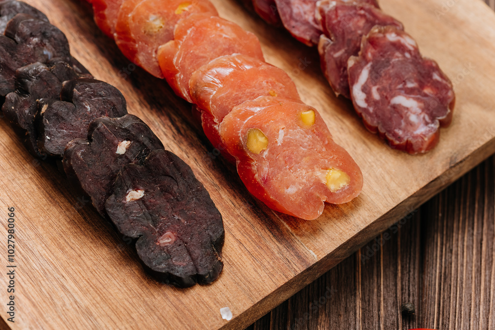 Close-up of sliced salami with nuts, gourmet meat textures and flavors, charcuterie boards Close-up of sliced salami with nuts, gourmet meat textures and flavors, charcuterie boards