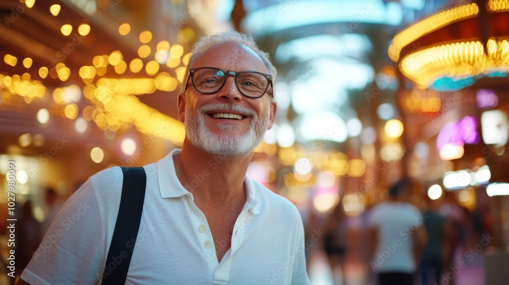 Fototapeta premium A cheerful elder gentleman smiles warmly under the glowing city lights, capturing a moment of joy and contentment in a lively urban setting with a tropical vibe.
