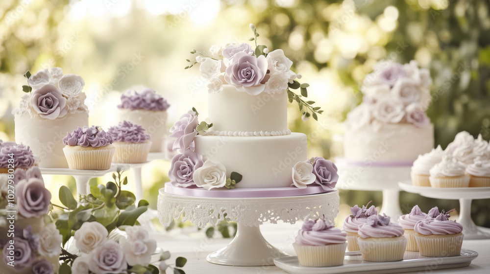 Close up of a luxury wedding buffet featuring layered cake with flowers, muffins and decorated with flowers Close up of a luxury wedding buffet featuring layered cake with flowers, muffins and decorated with flowers