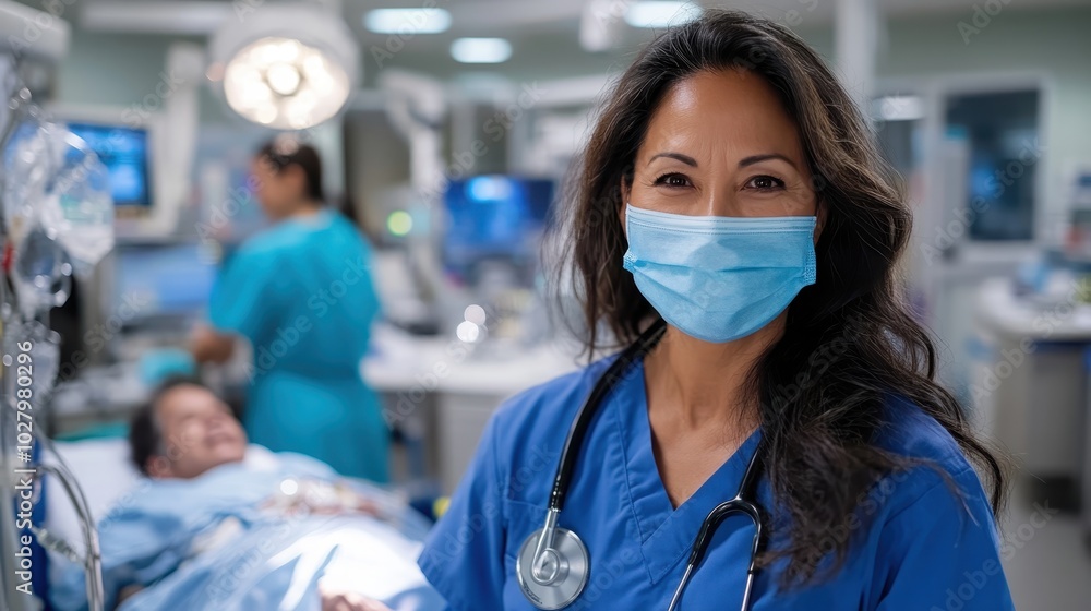 A masked nurse in blue scrubs monitors a patient's vital signs in a hospital room, demonstrating vigilance, medical precision, and patient-focused healthcare provision. A masked nurse in blue scrubs monitors a patient's vital signs in a hospital room, demonstrating vigilance, medical precision, and patient-focused healthcare provision.