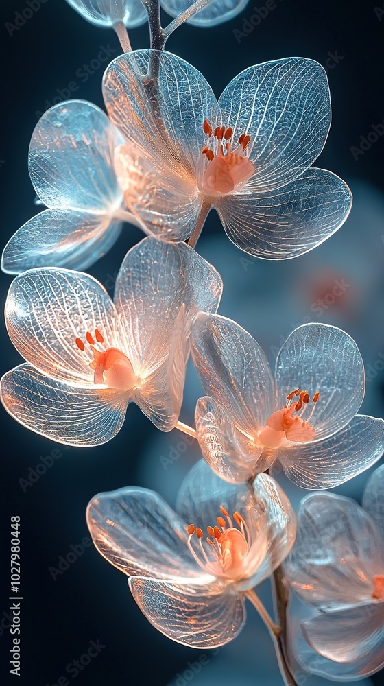 A close-up of a group of flowers on a stem, with a blurred background and a blue sky in the background A close-up of a group of flowers on a stem, with a blurred background and a blue sky in the background