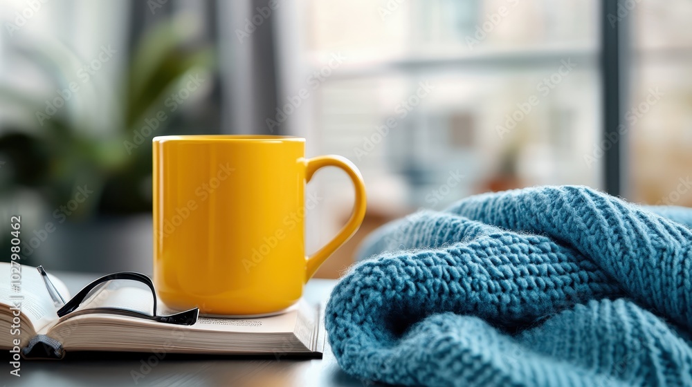 A sunny yellow mug is positioned on an open book with a pair of black-rimmed glasses nearby, wrapped in a blue knit blanket under soft natural lighting. A sunny yellow mug is positioned on an open book with a pair of black-rimmed glasses nearby, wrapped in a blue knit blanket under soft natural lighting.