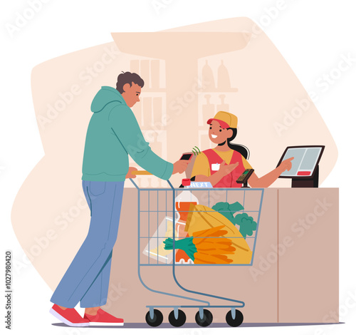 Cartoon Man With Shopping Cart Filled With Fresh Vegetables And Goods Makes Contactless Payment For Groceries