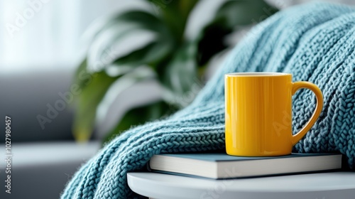 A vibrant yellow mug sits atop a stack of books with a textured blue knit blanket draped nearby, creating a cozy and inviting reading nook atmosphere. photo