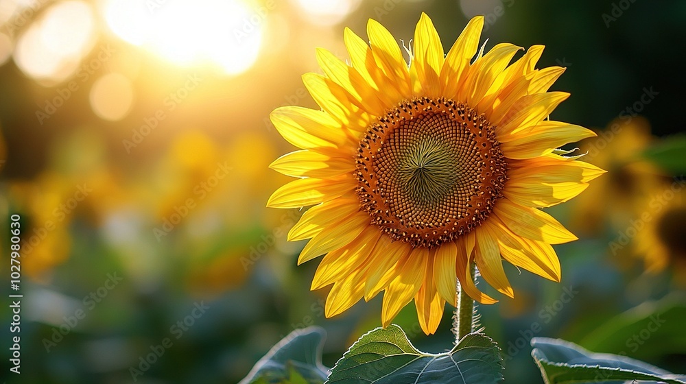 Fototapeta premium A sunflower amidst sunflowers with sunlight filtering through leaves and sun in the backdrop