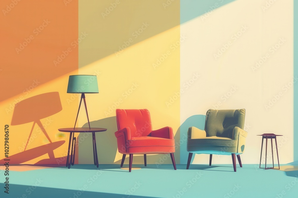 Silhouettes of armchairs, a table, and a lamp create a modern ambiance on a soft gradient background, enhancing the stylish decor. Generative AI Silhouettes of armchairs, a table, and a lamp create a modern ambiance on a soft gradient background, enhancing the stylish decor. Generative AI