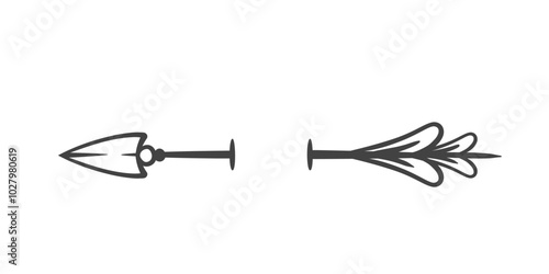 Cupids arrow stitch line icon. Outline retro sharp arrow needle stitching, romantic hand drawn vintage element. Valentines Day card, love letter mascot, antique text divider icon vector illustration