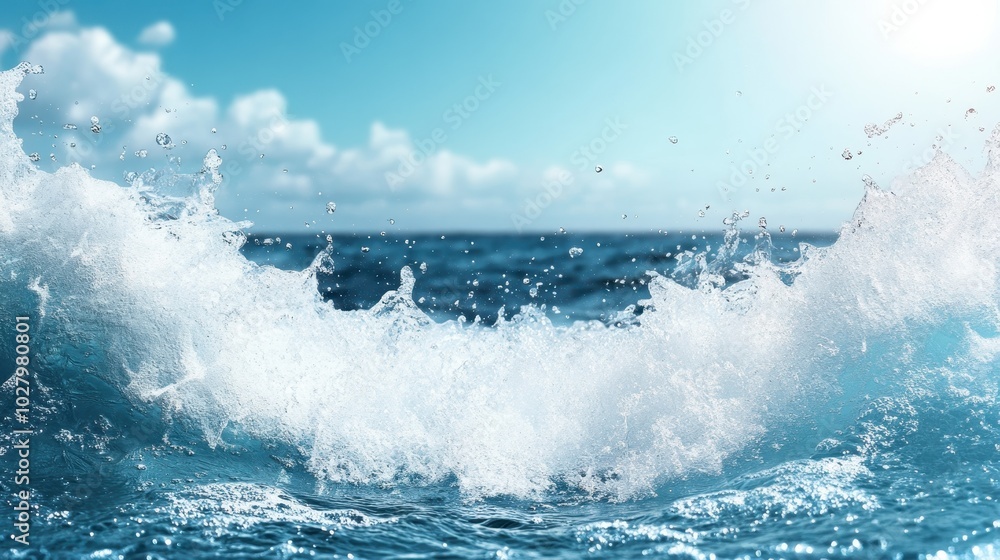 Naklejka premium A stunning view of a majestic ocean wave crashing powerfully under a bright blue sky, generating a feeling of freedom and open space. Ideal for travel imagery.