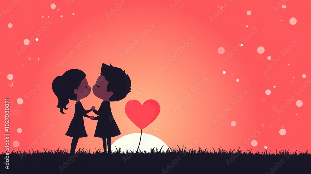 A romantic silhouette of a couple kissing at sunset, surrounded by a heart and a whimsical atmosphere of love and serenity. A romantic silhouette of a couple kissing at sunset, surrounded by a heart and a whimsical atmosphere of love and serenity.