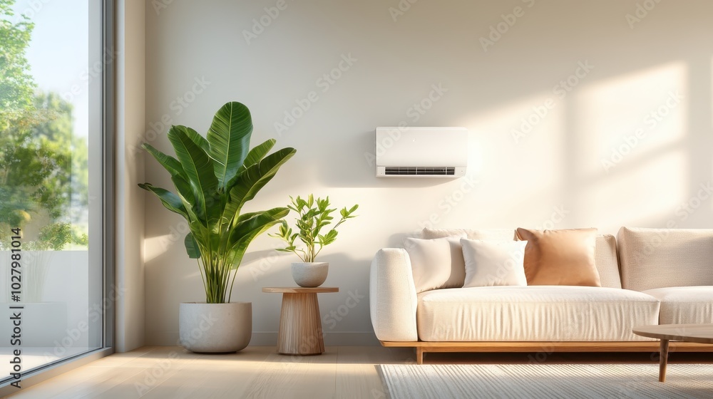 A bright living room with ample sunlight, highlighted by a wall-mounted air conditioner and vibrant green decor, providing a cheerful and modern home setting. A bright living room with ample sunlight, highlighted by a wall-mounted air conditioner and vibrant green decor, providing a cheerful and modern home setting.