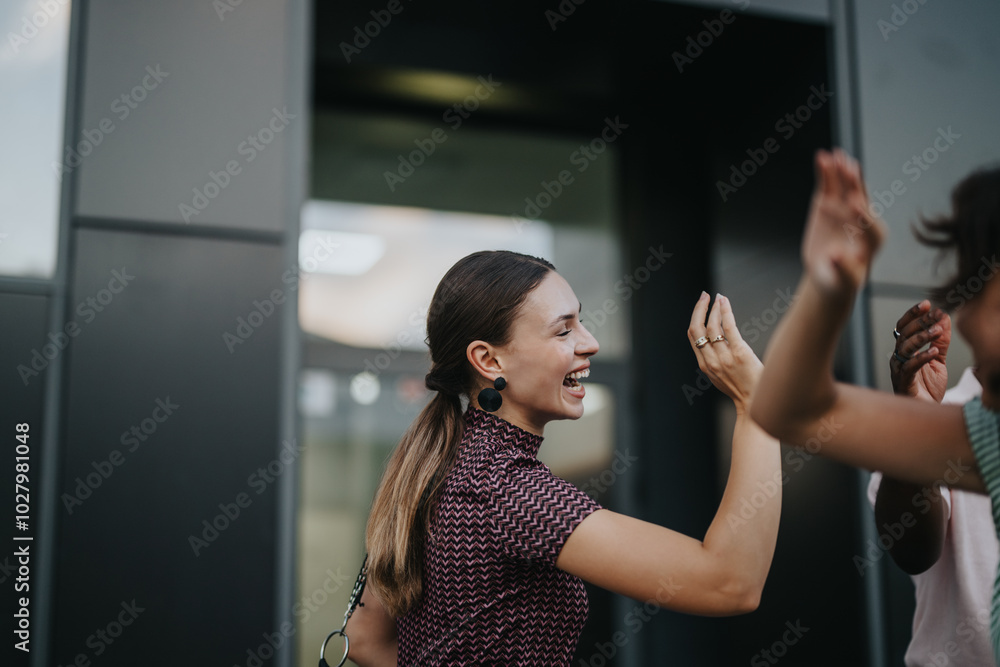 Φωτογραφία A group of international business people share a joyful moment outdoors in an urban city setting, highlighting teamwork and success