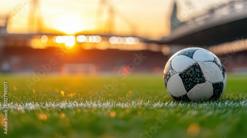 A soccer ball resting on a pristine grass field during sunset, creating an enchanting backdrop with its warm, golden light casting shadows in a nearby stadium. photo